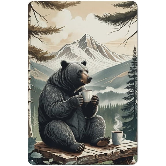 Vintage Rustic Lodge Cafe Decor Bear and Forest Metal Tin Sign, Wilderness Wall Art for Cabin, Mountains and Trees Design, 8 x 12 Inch