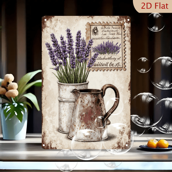 Vintage Rustic Metal Pail & Pitcher with Lavender Bouquet Wall Art, 8x12 Inches, Country Farmhouse Decor, Aged Textured Background, Antique Botanical Stamp Print