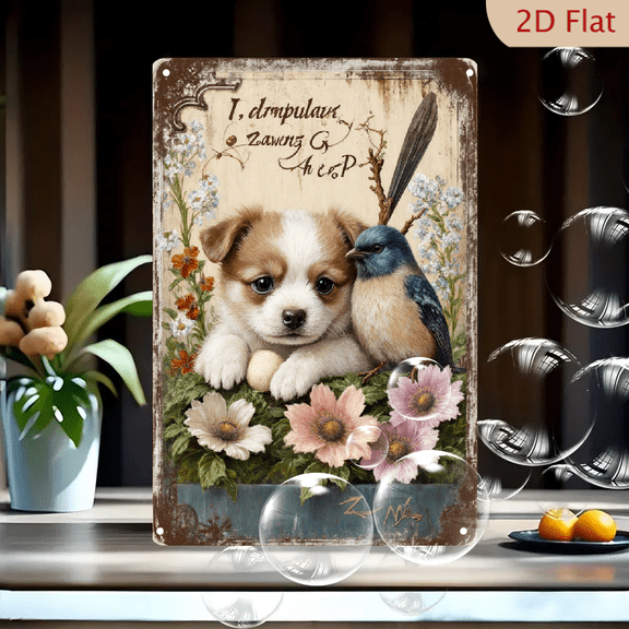 Vintage Rustic Metal Wall Art 8x12 Inches, Adorable Fluffy Puppy and Blue Bird with Pink Flowers, Nostalgic Ornate Floral Sign, Decorative Home Accent for Living Room or Kitchen