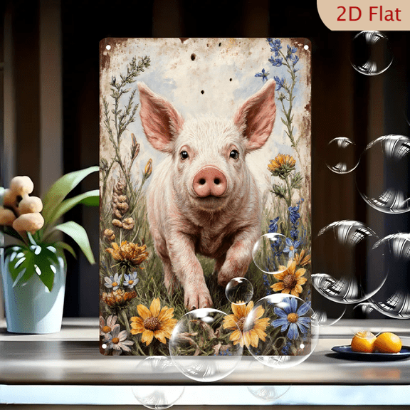 Vintage Rustic Metal Wall Art, 8x12 Inches, Adorable Pink Piglet Walking Through Wildflowers, Whimsical Farmhouse Decor with Sunflowers and Cornflowers on Weathered Sign Background
