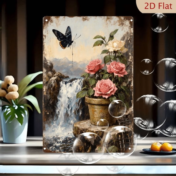 Vintage Rustic Metal Wall Art 8x12 Inches, Dreamy Waterfall Scene with Pink Roses and Black Butterfly on Stone Ledge, Nostalgic Tin Sign for Home Decor