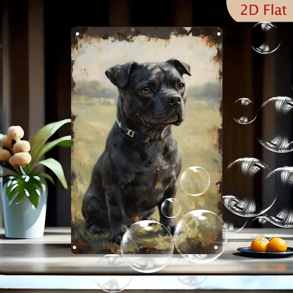 Vintage Rustic Metal Wall Art, 8x12 Inches, Painterly Black Staffordshire Bull Terrier Portrait with Amber Eyes, Grassy Field Background, Distressed Rusted Tin Sign Frame, Nostalgic Home Decor