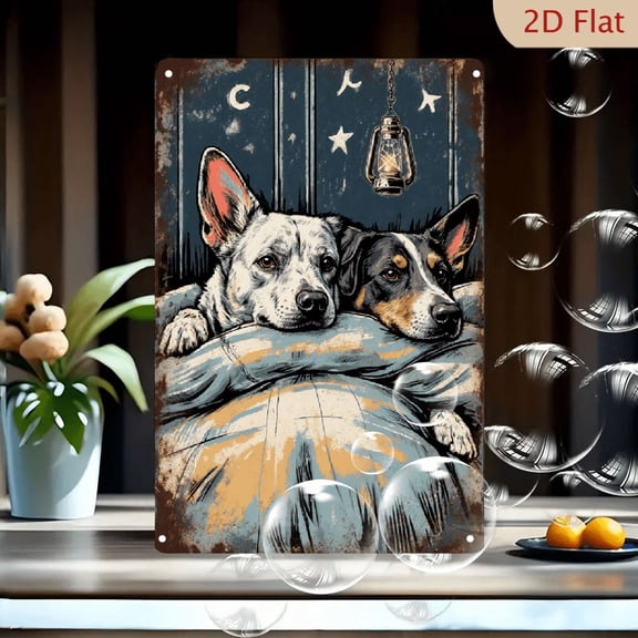 Vintage Rustic Metal Wall Art 8x12 Inches, Two Dogs Resting on Blanket Under Moonlit Sky with Lantern, Distressed Nighttime Pet Companion Decor for Home Living Room