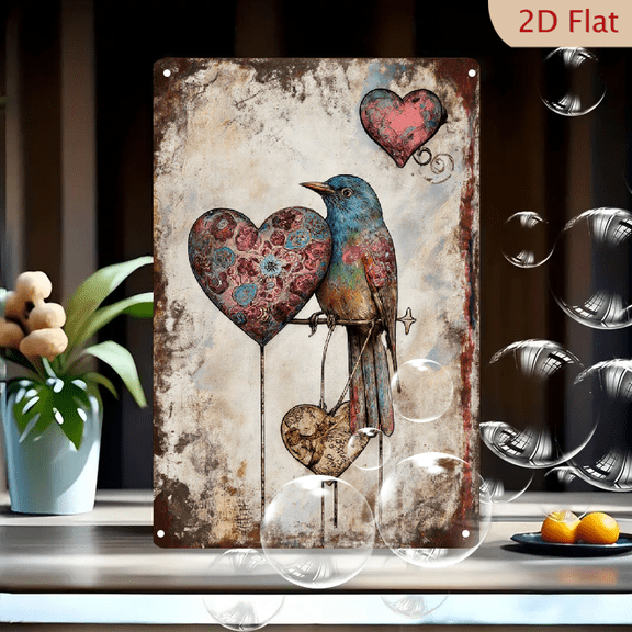 Vintage Rustic Metal Wall Art 8x12inches, Whimsical Blue Teal Bird with Floral Patterns, Heart Motifs and Script on Distressed Background, Romantic Home Decor