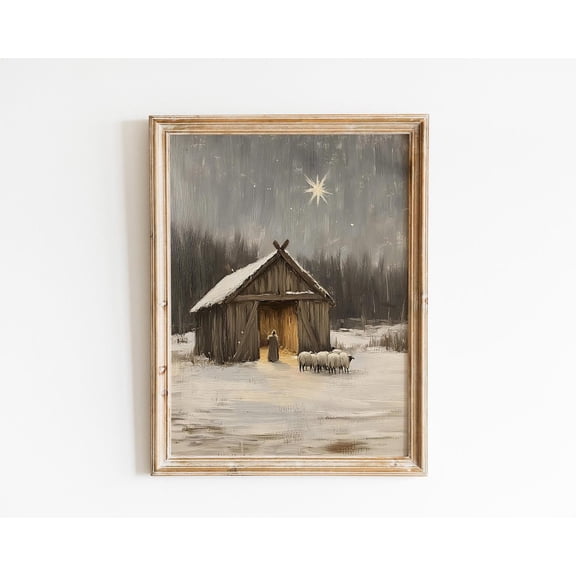 Vintage Rustic Nativity Scene Muted Winter Wall Art, Unframed Poster
