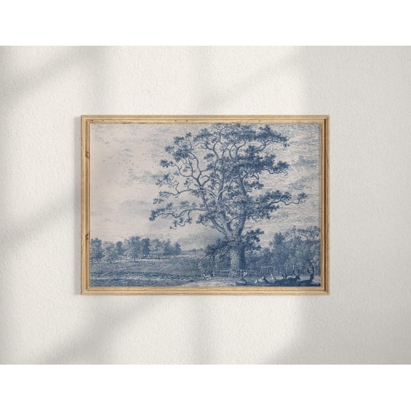 Vintage Rustic Oak Tree Etching Countryside Landscape Farmhouse Poster Unframed Paper Print