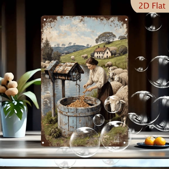 Vintage Rustic Pastoral Farm Scene Wall Art, 8x12 Inch Metal Tin Sign Featuring Woman Feeding Sheep with Rolling Hills and Red Roof Cottage, Country Decor for Kitchen or Barn