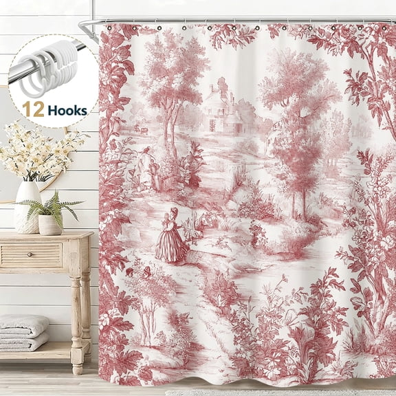 Vintage Rustic Pastoral Toile Fall Shower Curtain, Elegant Exquisite Countryside Landscape Shower Curtain for Bathroom, Waterproof Cloth Fabric Vintage Farmhouse Bath Curtain, 48*72in