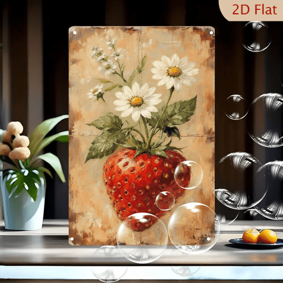 Vintage Rustic Red Strawberry with White Daisies and Green Leaves, 8x12 Inches Metal Wall Art Print, Painterly Surreal Floral Design on Beige Canvas Texture for Kitchen Living Room Decor