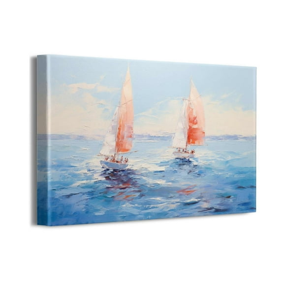 Vintage Rustic Sea Sailboat Pictures Wall Decor Beach Art Print Canvas Modern Ocean Oil Painting Decoration for Bedroom Room Living Room Retro Pictures 16"x12" Mid Century Artwork