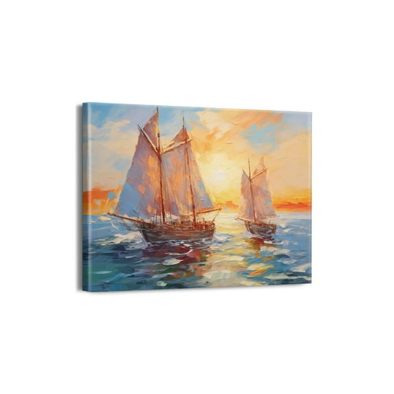 Vintage Rustic Sea Sailboat Pictures Wall Decor Beach Art Print Canvas Modern Ocean Oil Painting Decoration for Bedroom Room Living Room Retro Pictures10"x8" Mid Century Artwork