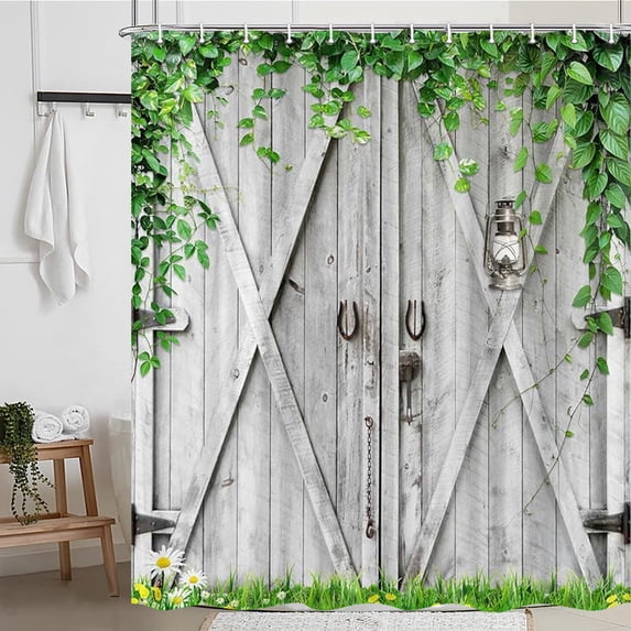 Vintage Rustic Shower Curtain, Farmhouse Gray Barn Door Bathroom Shower Curtain Sets, Green Lawn Plant Waterproof Fabric Bathroom Decor With Hooks 70x75inch