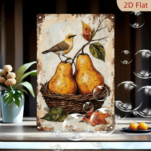 Vintage Rustic Still Life Painting on Metal, 8x12 Inches, Wicker Basket with Pears and Bird, Autumn Leaves, Antique Distressed Wall Art for Kitchen Home Decor