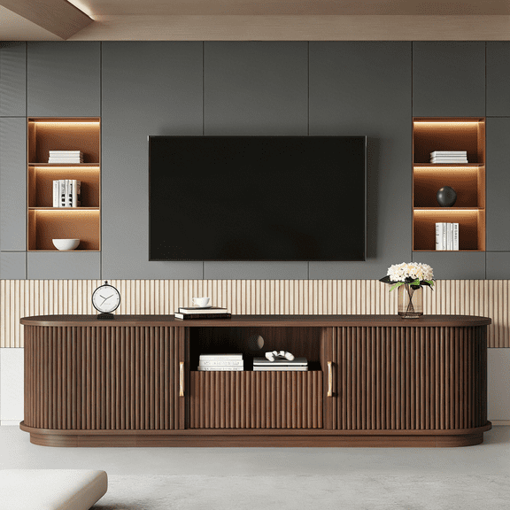 Vintage Rustic TV Stand for TVs up to 75" with Sliding Wood Slatted Doors | Farmhouse Fluted Media Console with Drawer & Cable Management for Living Room, Bedroom