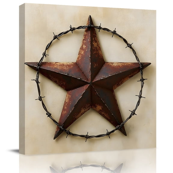 Vintage Rustic Texas Lone Star Canvas Artwork Painting Art, 4th of July Pentagram Square Framed Wall Decorations Prints Picture for Bedroom Kitchen Living Room, 8x8 in