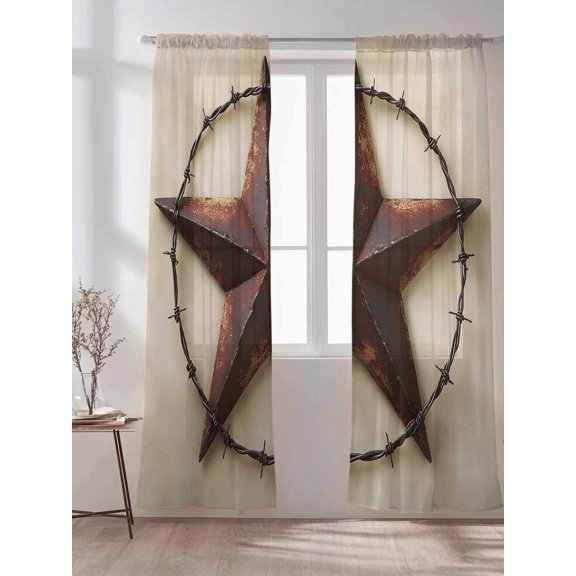 Vintage Rustic Texas Lone Star Sheer Curtains 2 Panels Set 4th of July Pentagram Lihgt Filtering Rod Pocket Voile Drape,Semi Sheer Window Curtains for Bedroom Living Room,52"x84"