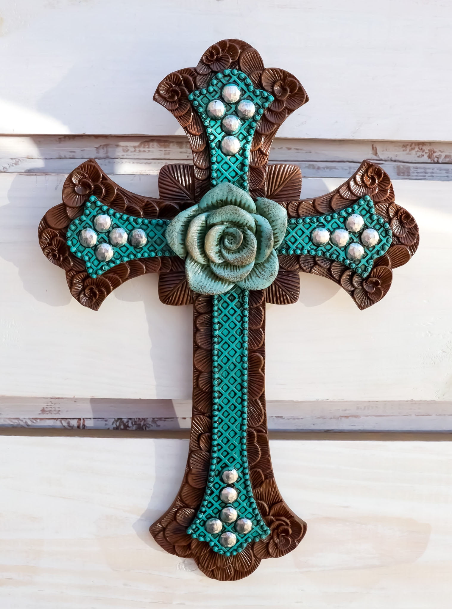 Vintage Rustic Turquoise Tuscan Rose Of Sharon Flower Wall Cross Christian Decor