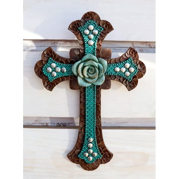 Vintage Rustic Turquoise Tuscan Rose Of Sharon Flower Wall Cross Christian Decor