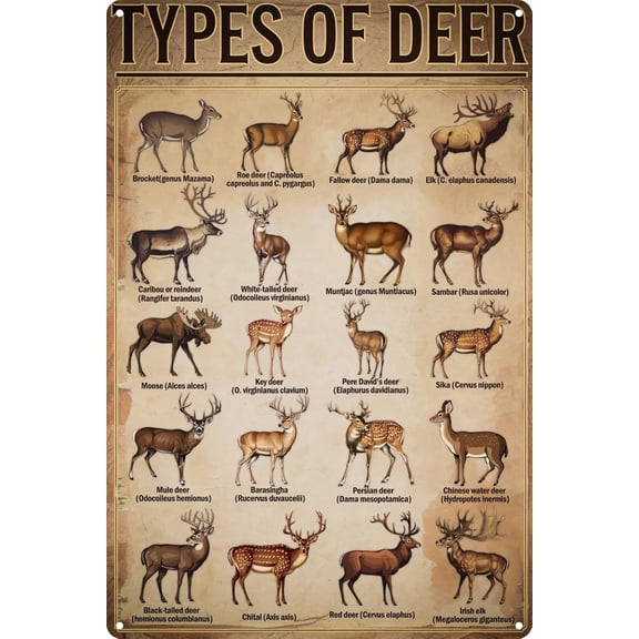 Vintage Rustic Types Of Deer Metal Signs Vintage Farmhouse Wall Art Tin Sign Hunting Decor and Educational Poster for Home Man Cave and Bar 8x12 in