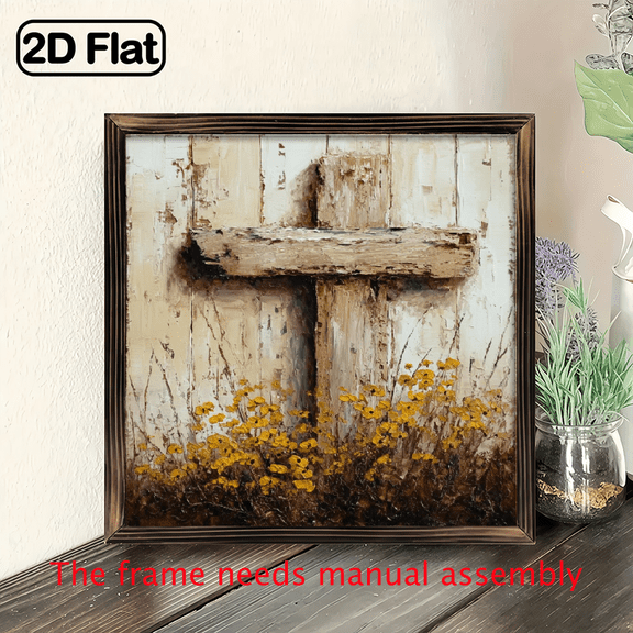 Vintage Rustic Wall Art - 8x8 Inch Square Wood Frame, Distressed Cross with Wildflowers, Ideal for Home Office Decor, Mother'S Day Easter Gift, Office Decoration Vintage Wall