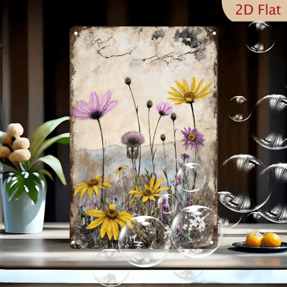 Vintage Rustic Wildflowers on Old Paper 8x12 Metal Wall Art, Yellow Daisies Purple Pink Blooms with Cage Flower, Impressionist Farmhouse Decor for Living Room