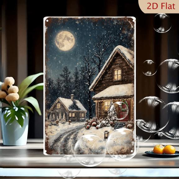 Vintage Rustic Winter Night Cabin Metal Sign Art, 8x12 Inches, Cozy Log Cabins with Snowy Pine Trees, Glowing Moon, Christmas Wreath & Lantern Wall Decor for Home Holiday Party