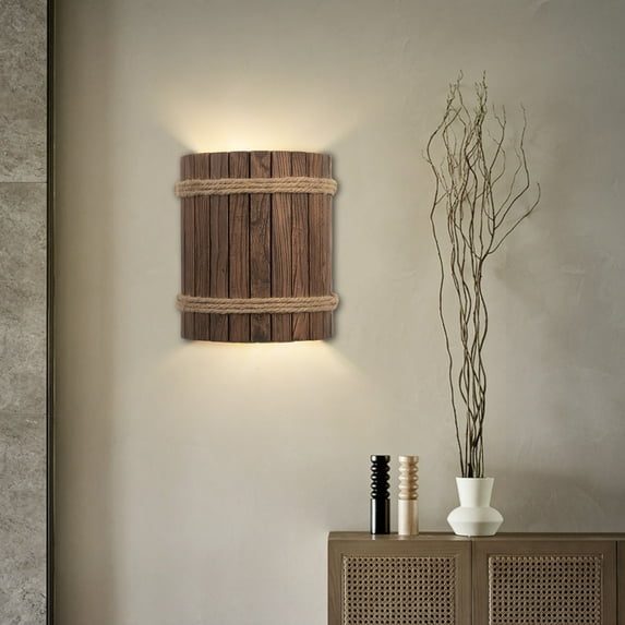 Vintage Rustic Wood Barrel Wall Lamp | Hemp Rope Farmhouse Decor(No Bulbs)