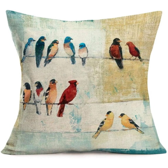 Vintage Rustic Wooden Grain with Watercolor Bird Rest on The Electric Wire Decorative Pillow Covers Cotton Linen Square Cushion Cover Home Decor Throw Pillowcase 18x18 inch (Wood Bird)