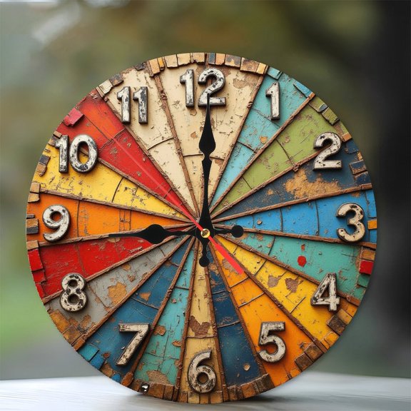 Vintage Rustic Wooden Wall Clock with Colorful Numbers 10-Inch Silent Wooden Wall Clock, Battery Operated (AA Batteries Not Included), Artistic Home Decor