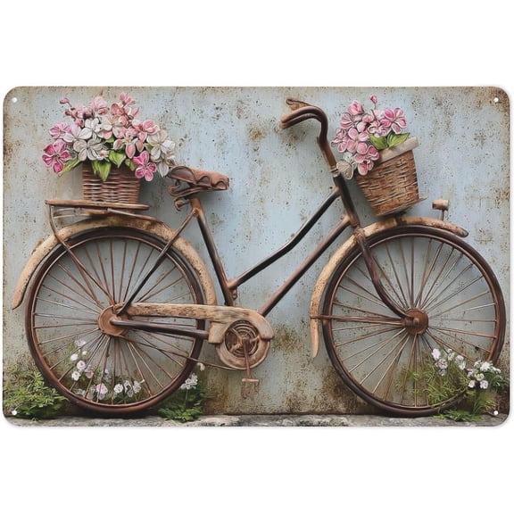 Vintage Rusty Bicycle With Flowers Tin Metal Sign, Wall Art Decor for Room, Bathroom, Bar, Cafe, Garage or Garden, 8 x 12 Inch