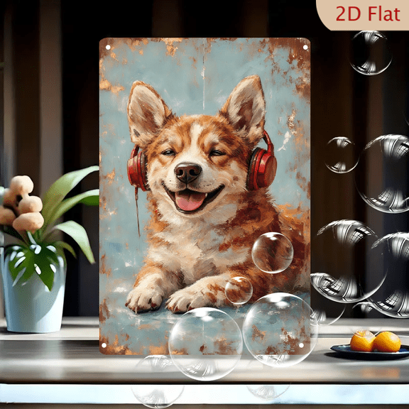 Vintage Rusty Metal Sign Art, 8x12 Inches, Cute Corgi Dog with Red Headphones, Retro Weathered Wall Decor, Nostalgic Industrial Style Painting for Home Office