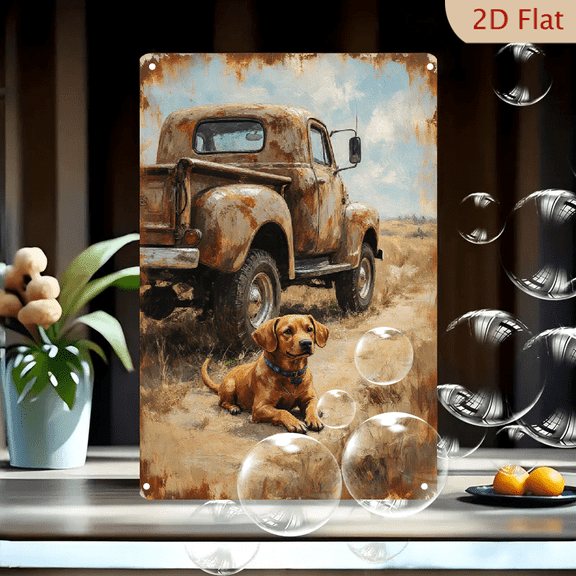 Vintage Rusty Pickup Truck & Dog in Field, 8x12 Inches Metal Wall Art, Nostalgic Rural Painting with Warm Earth Tones, Weathered Canvas Style Decor for Home Office