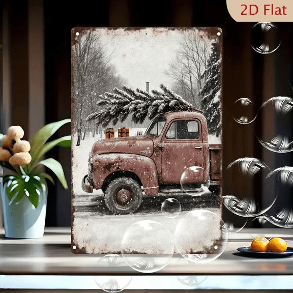 Vintage Rusty Red Pickup Truck Carrying Christmas Tree in Snowy Winter Landscape with Gifts, Nostalgic Holiday Scene Metal Wall Art Sign for Home Decor, 8x12 Inches