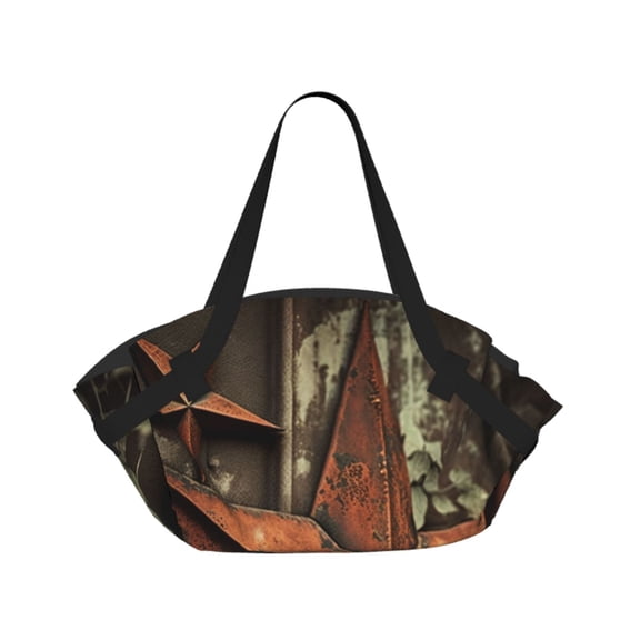Vintage Rusty Stars Primitive Country Rustic 2-in-1 Foldable Picnic Blanket Tote Bag Shoulder Handbag, Large Circular Outdoor Mat for Beach Camping Park