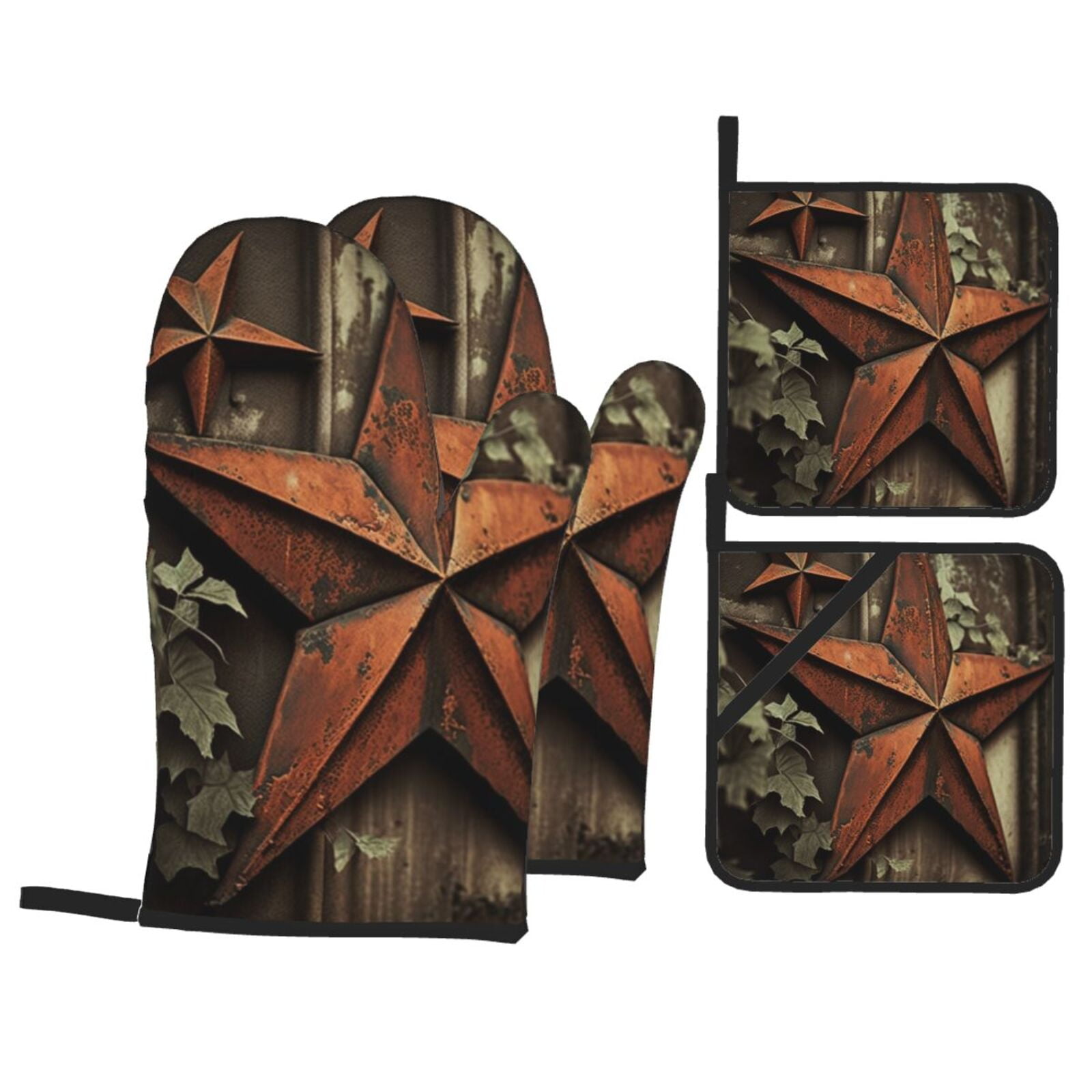 Vintage Rusty Stars Primitive Country Rustic 4Pcs Oven Mitts and Pot Holders Sets Oven Kitchen Gloves Hot Pads for Cooking BBQ Baking Grilling