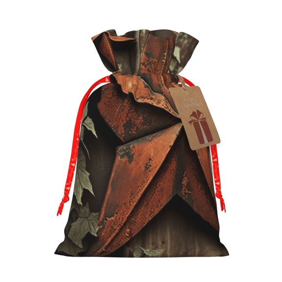 Vintage Rusty Stars Primitive Country Rustic Christmas Gift Bag, Drawstring Pouch with Kraft Paper Tag for Birthday, Holiday Gifts,S