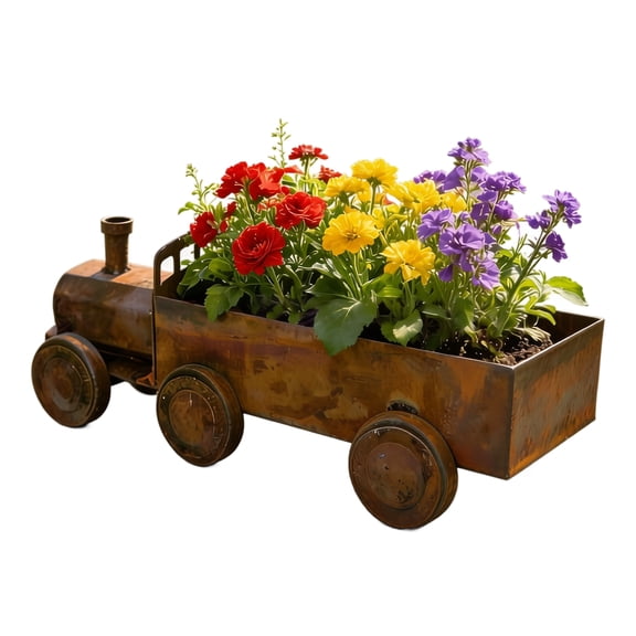 Vintage Rusty Steam Train Planter, Iron Garden Flower Pot Sculpture, Handmade Creative Outdoor Decoration for Courtyard Landscape Yard Art Display
