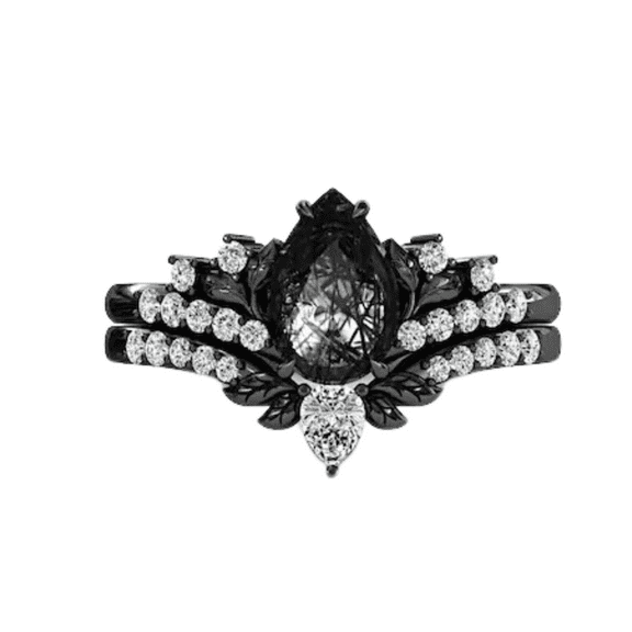 Vintage Rutilated Quartz Pear Shaped Engagement Ring for Women, Art Deco Bridal Ring Set, Black Rhodium over Silver Wedding Anniversary Ring