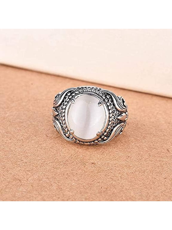 Vintage S925 Sterling Silver Moonstone Ring for Women Her Boho Jewelry Oval Gemstone Solitaire Ring Gifts for Mom and Grandma(8#)