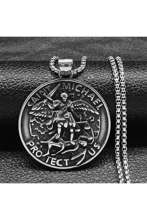 Vintage SAINT MICHAEL PROTECT US Archangel Necklace Men 14K White Gold Saint Amulet Necklaces Jewelry san miguel arcangel