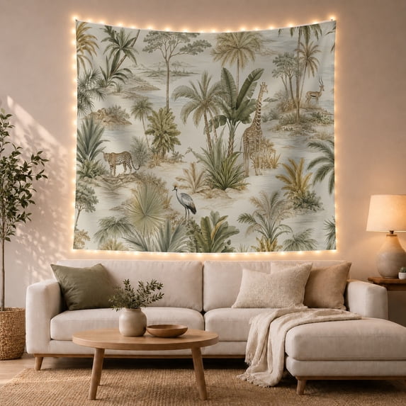 Vintage Safari Landscape with Giraffe and Wildlife, Nostalgic Vintage Style for Wildlife Lovers, Animal Wall Art, Housewarming Gift, Tapestry Wall Hanging for Bedroom and Dorm