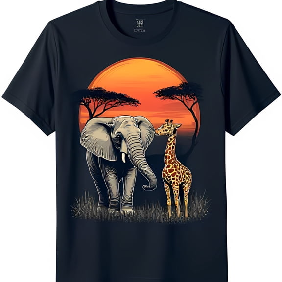 Vintage Safari Print Black T-Shirt with Elephant & Giraffe at Sunset