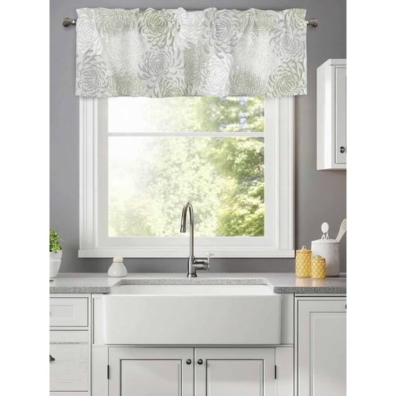Vintage Sage Green Chrysanthemum Valances for Windows,Kitchen Valance Rod Pocket Short Curtain,Abstract Flower Valance Curtain Window Valances for Bedroom Living Room 42x12in