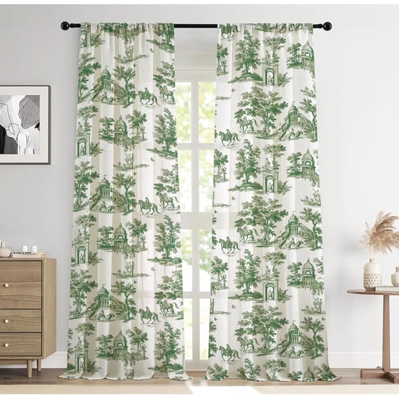 Vintage Sage Green Curtains 96 Inch Length Linen Toile de Jouy Light Filtering French Country Window Curtain for Living Room Bedroom Rod Pocket Victorian Window Treatments Drapes,2 Panels,Q3