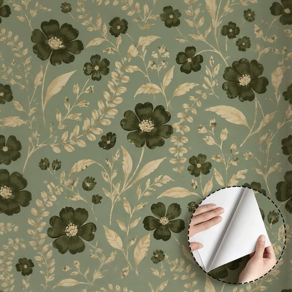 Vintage Sage Green Dark Floral Wallpaper, Farmhouse Rustic Peel and Stick Wallpaper Waterproof, Wall Decor for Living Room Bedroom Bathroom Kitchen Cabinet Drawer 17.7 * 118 in