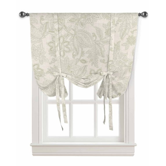 Vintage Sage Green Flower Tie Up Curtains for Window, Modern Ethnic Botanical Thermal Insulted Balloon Shade Adjustable Rod Pocket Curtains Valance Panels for Kitchen Bathroom Café 52 x 45