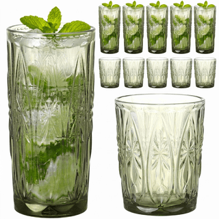 Vintage Sage Green Glass Tumblers Set of 12, 12oz Highball & 10oz Cocktail Glasses, Floral Embossed Drink Cups for Beer, Water, Juice & Beverages