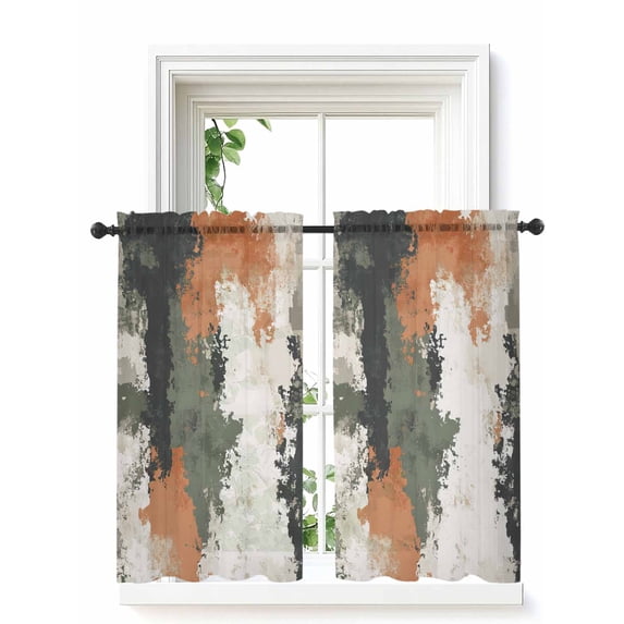 Vintage Sage Green Orange Curtains 45 Inch Length, Sheer Curtains for Bedroom Living Room Window Modern Abstract Art Rod Pocket Voile Drapes Kitchen Curtains Small Half Window 42"x45" 2 Panels