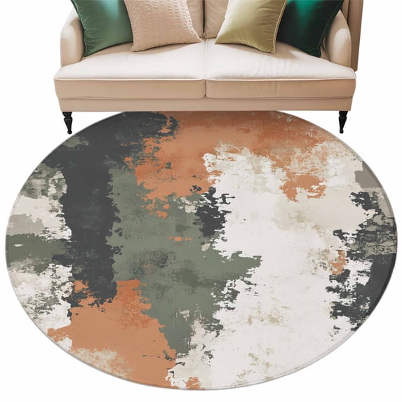 Vintage Sage Green Orange Large Area Rugs for Bedroom Living Room, Soft Non Slip Carpet Bedside Rug, Modern Abstract Art Round Floor Cover Kitchen Accent Rug 6' for Dining Room/Office
