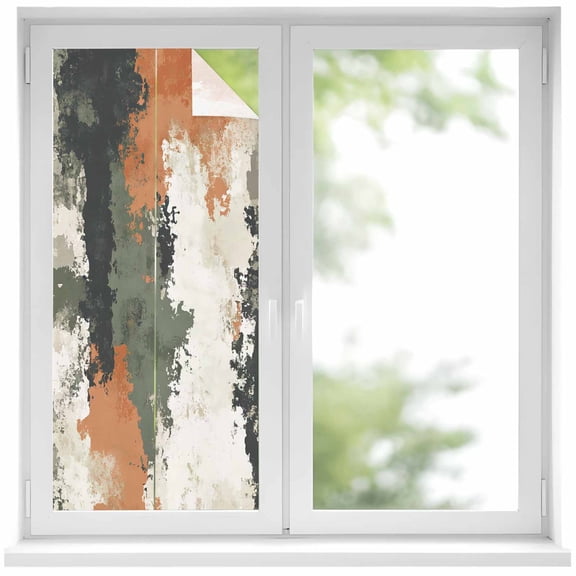 Vintage Sage Green Orange Privacy Window Film, Decorative Frosted Glass Window Film, Modern Abstract Art Reusable Peel and Stick Static Cling for Home Bathroom Office Glass Door 17.7"x39.3"